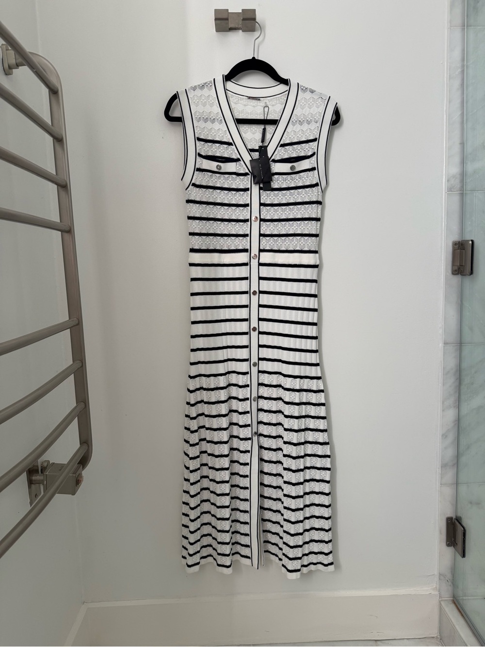Elie Tahari Blue & White Sleeveless Striped Midi Dress